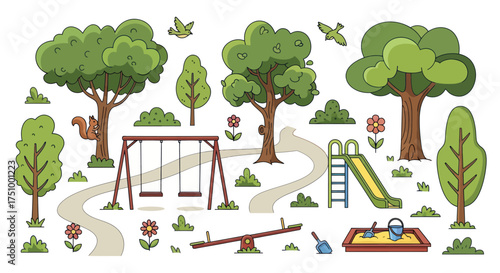 Vibrant Cartoon Playground Scene with Swings Slide and Sandbox.