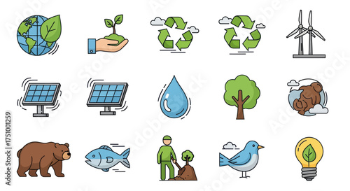 Vibrant Environmental Protection and Ecology Doodle Icons Set.