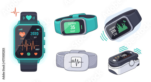 Illustrated collection of modern health monitoring devices including smartwatches fitness trackers and pulse oximeters.