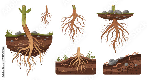 Detailed Illustrations of Plant Roots with Soil and Vegetation.
