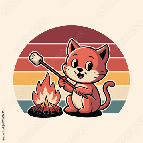 Cute Cat Campfire – Retro Sunset Marshmallow Roasting
