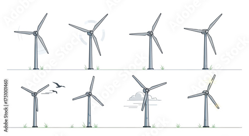 Hand-drawn wind turbines illustrating renewable energy generation and sustainable power technology.