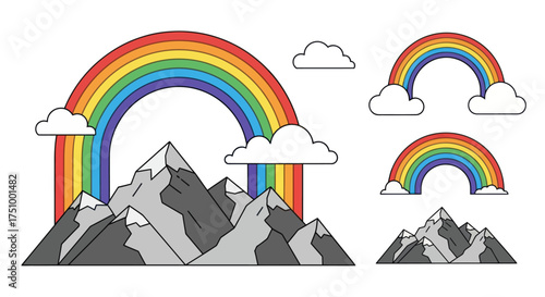 Colorful Rainbows and Snowy Mountains Illustration Set.