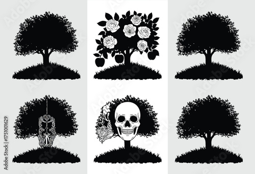 Set of six black silhouette illustrations featuring trees skulls and blossoming flora scalable vector graphics eps format silhouette vector illustration white background