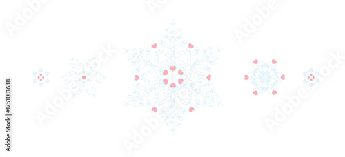 Intricate isolated snowflake illustration with heart shapes. 