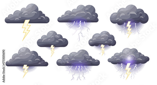 A collection of dark grey storm clouds with dramatic yellow and purple lightning bolts.