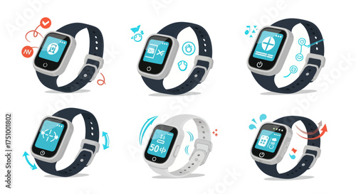 Collection of Smartwatches Displaying Various App Icons and Functions.
