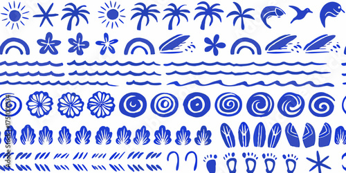 Collection of hand drawn blue tropical beach and ocean elements on white background