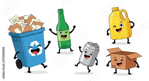 Cheerful Cartoon Recycling Bin and Various Recyclable Items.