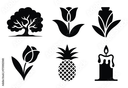 Minimalist black and white vector illustrations of nature objects and candle icon set silhouette vector illustration white background
