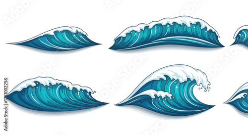Collection of stylized ocean waves with white foam crests vector illustration.
