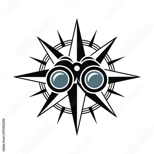 Black compass rose with binoculars in center on white background navigation direction