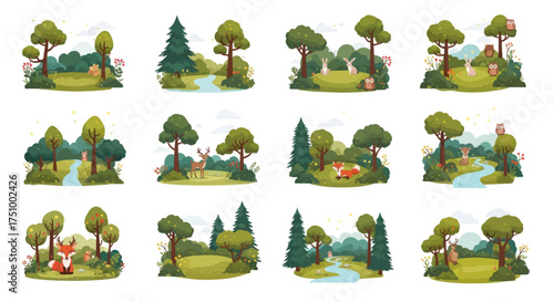 Collection of Cartoon Forest Scenes with Trees Rivers and Wildlife.