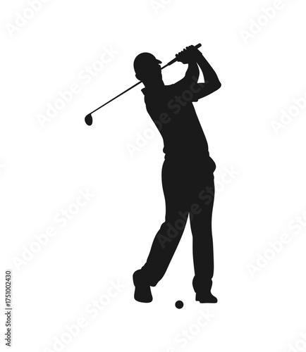 Silhouette of a male golfer in the middle of a powerful swing with a golf club and ball