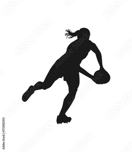 Silhouette of a woman playing rugby with a ball in her hand captured in motion