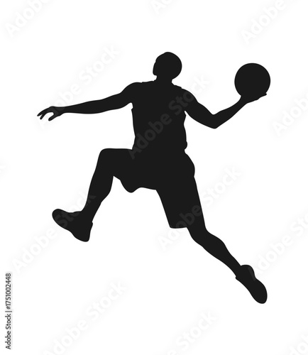 Dynamic silhouette of a basketball player in mid air performing a dunk or slam shot