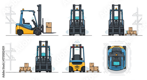 Collection of Forklift Trucks and Palletized Boxes in Warehouse Settings.
