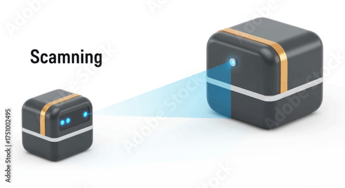 A pair of modern compact black and gold cubic devices scanning and transferring data with a blue light beam.