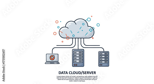 Cloud Computing Data Network Connecting Servers and Laptop.