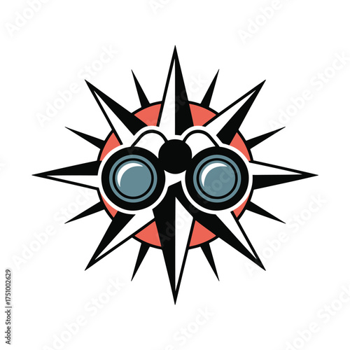Stylized compass rose with binoculars and coral accents star