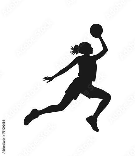 Dynamic silhouette of a female basketball player in mid air about to shoot a basketball silhouette