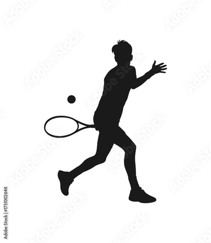 Dynamic silhouette of a male tennis player in action hitting a forehand shot with a tennis ball and racket