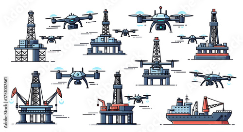 Oil Rigs and Drones: Industrial Landscape with Unmanned Aerial Vehicles.