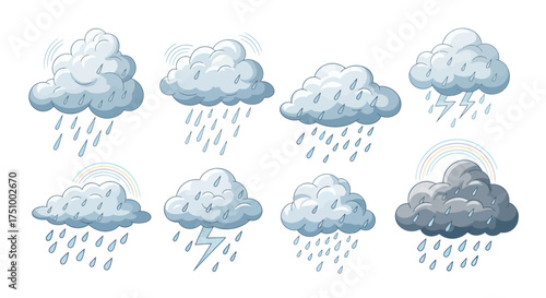 Cartoon Weather Clouds Set with Rain Lightning and Sun.