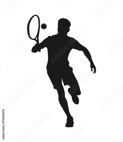 Dynamic silhouette of a male tennis player in action hitting a forehand stroke with a tennis ball in mid air