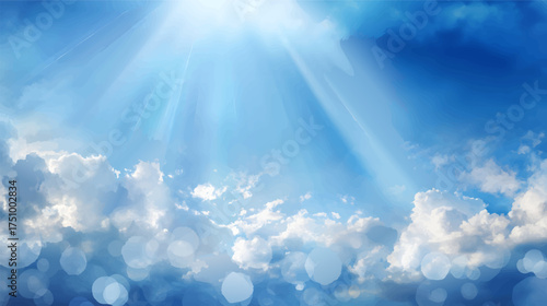 A bright blue sky with rays of sunlight shining through fluffy white clouds, creating a serene and uplifting atmosphere