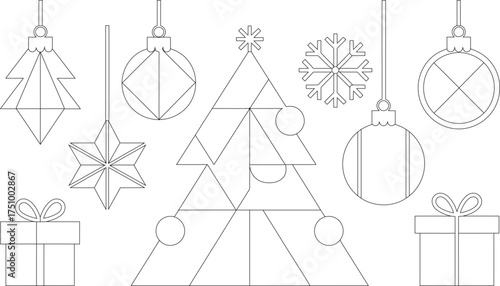Outlined Geometric Christmas Ornaments, Presents, and Tree with Star and Snowflake Decorations Illustration