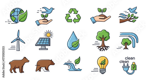 Colorful Eco-Friendly Icons Representing Nature and Sustainability Concepts.
