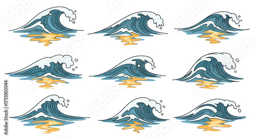 Collection of stylized ocean waves with white foam crests and golden reflections.