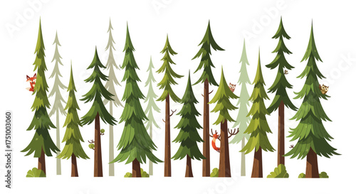Stylized cartoon evergreen forest with cute hidden animals peeking out from behind pine trees.