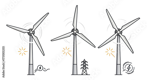 Hand-drawn sketch of three wind turbines for renewable energy generation.