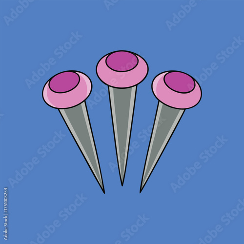 Illustration of three pink thumbtacks on a blue background, perfect for adding a touch of whimsy and organization to your creative projects