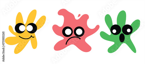 Cute abstract blob character set with funny faces — colorful doodle emotion splashes for kids design and stickers 