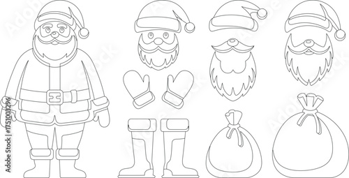 Outlined Santa Claus with Separate Elements Including Hat, Beard, Boots and a Sack of Presents