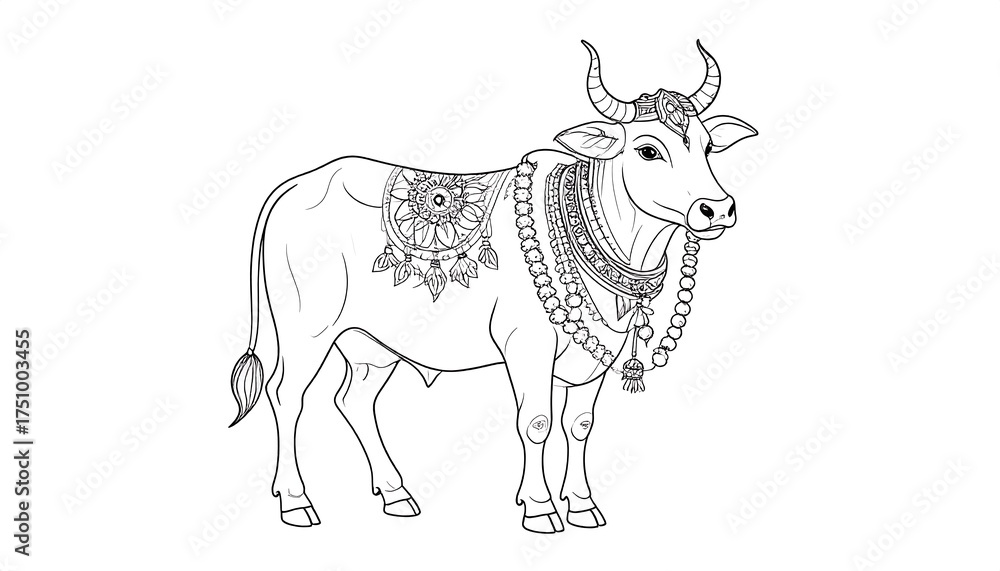 Fototapeta premium Detailed Line Art of a Decorated Cow - A Sacred Animal Illustration.