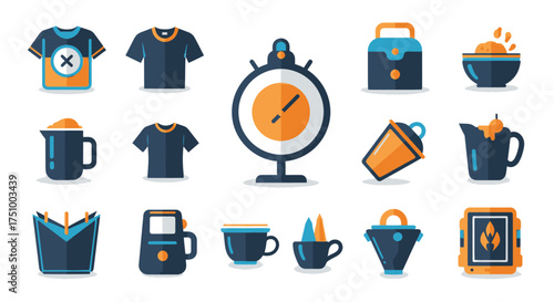 A diverse set of modern flat design icons featuring everyday objects like clothing clocks and kitchenware in a blue and orange color scheme.