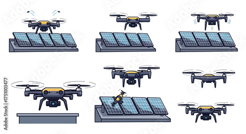 Collection of Drones Inspecting Solar Panels in Various Positions.