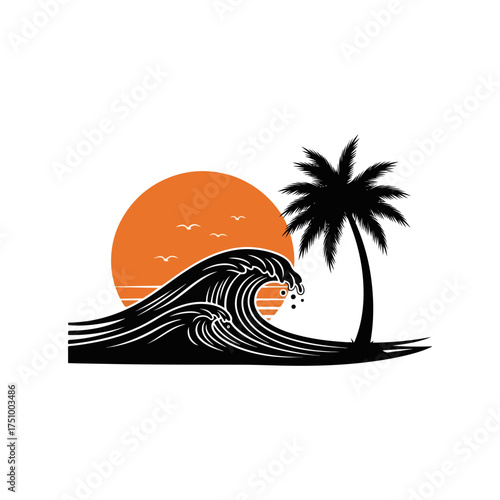Tropical coconut tree and beach resort logo design for summer-themed branding
