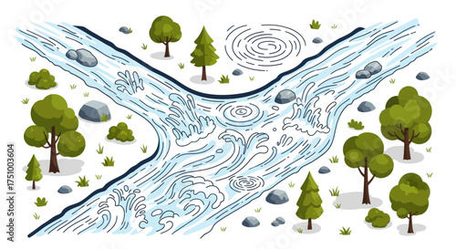 Cartoon Illustration of a Flowing River with Trees and Rocks.