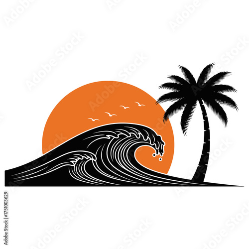 Tropical coconut tree and beach resort logo design for summer-themed branding