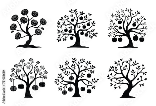 Minimalist black silhouette illustrations of fruit trees for versatile vector graphic design projects silhouette vector illustration white background