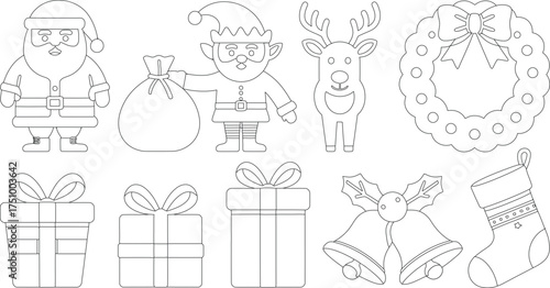 Outlined Santa, Elf, Reindeer, and Christmas Themed Gifts and Decorations Ready to be Colored In