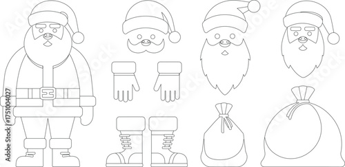 Santa Claus Outline Illustration Full Body, Heads, Gloves, Boots, and Gift Sacks in Black and White
