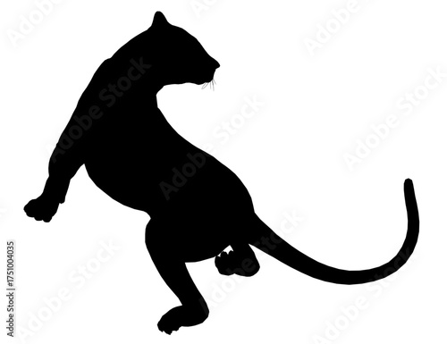 A lioness silhouette crouches alertly with wide eyes and an open mouth. Its tail curls around the body against a stark white background.