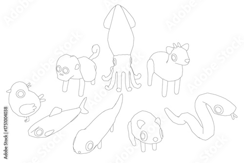 A low poly animal set featuring a squid and other creatures in sketch style contour lines. The vibrant illustration on a white background.