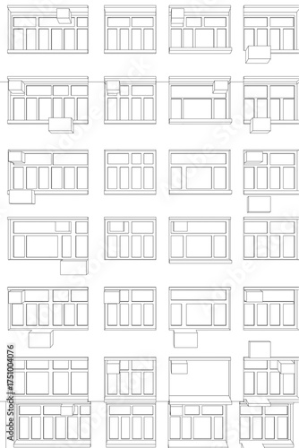 Architectural blueprint of a building facade featuring various windows, balconies, and doors with detailed size and placement specifications.